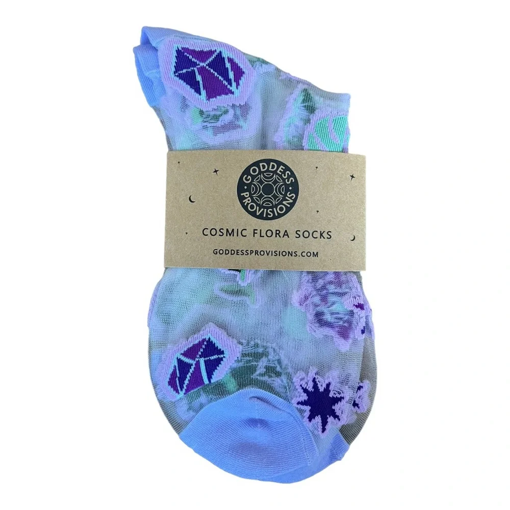 Goddess Provisions Embroidered Sheer Mesh Ankle Socks in Purple Cosmic Flora